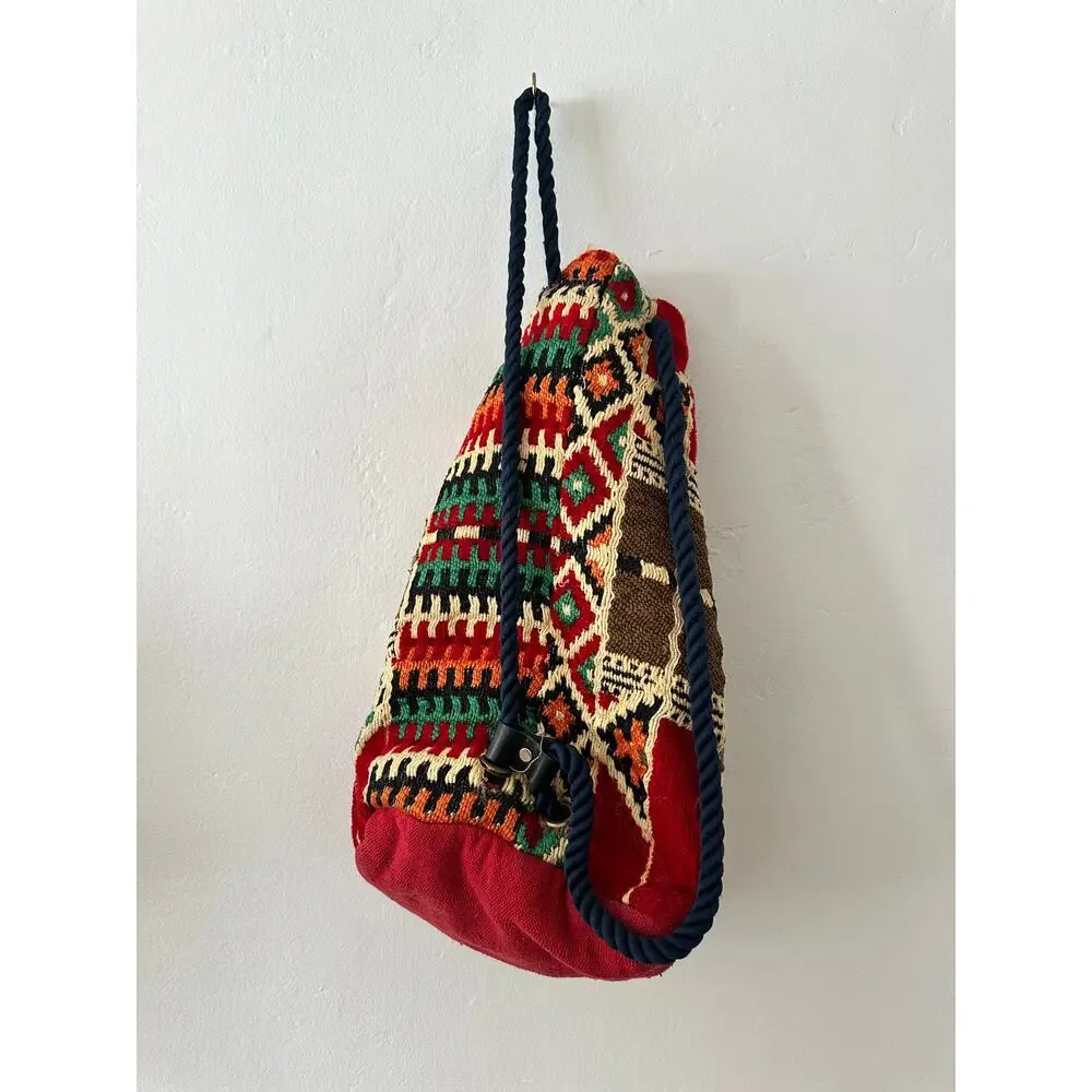 Vintage Kilim Tapestry Backpack Travel Bag Red Multicolor Drawstring Boho